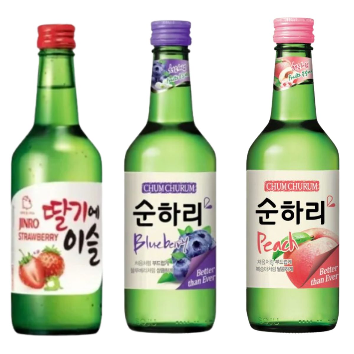 Kit com 3 Soju Bebida Coreana Blueberry, Morango e Pêssego 360ml
