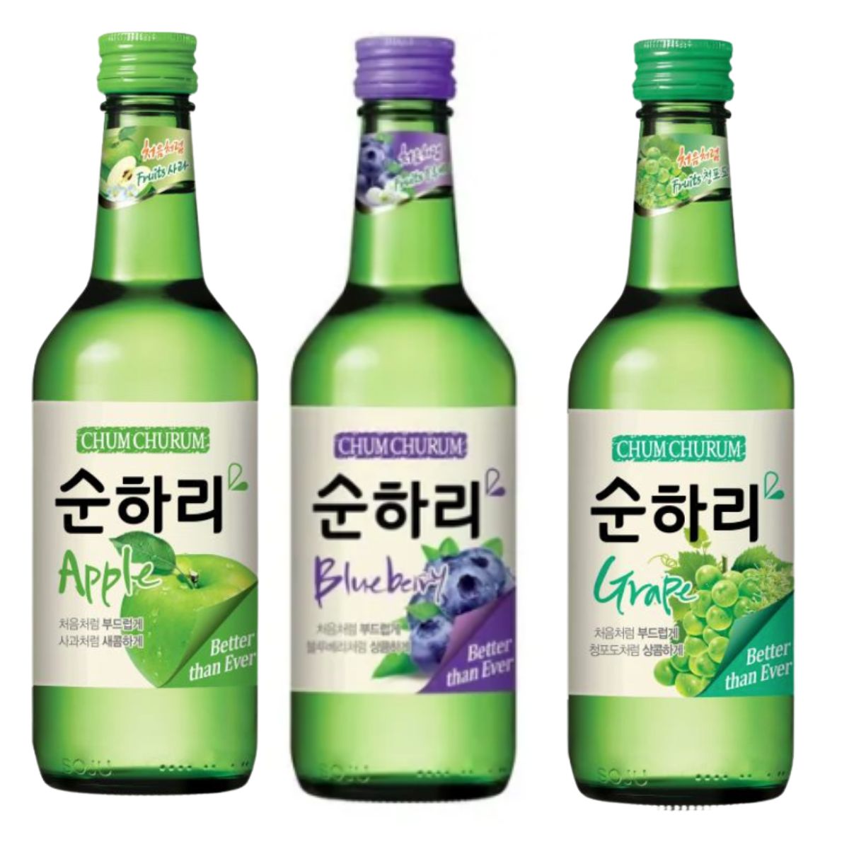 Kit com 3 Soju Bebida Coreana Blueberry, Uva e Maça 360ml