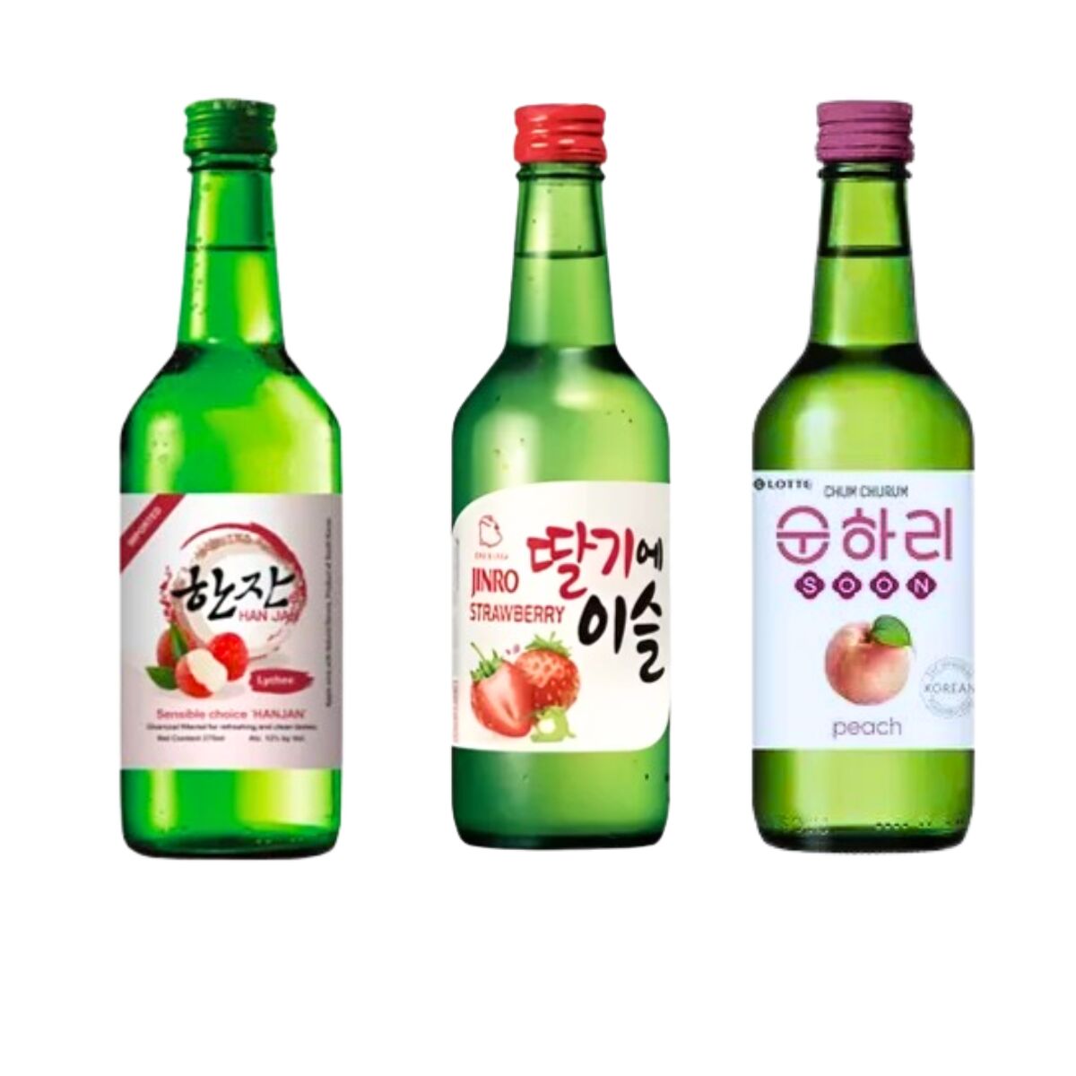 Kit com 3 Soju Bebida Coreana Lichia, Morango e Pêssego 360ml